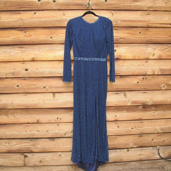 Mac Duggal 5056 Womens Blue BEADED HIGH NECK LONG SLEEVE GOWN WITH DETAILED BELT - Picture 5 of 15